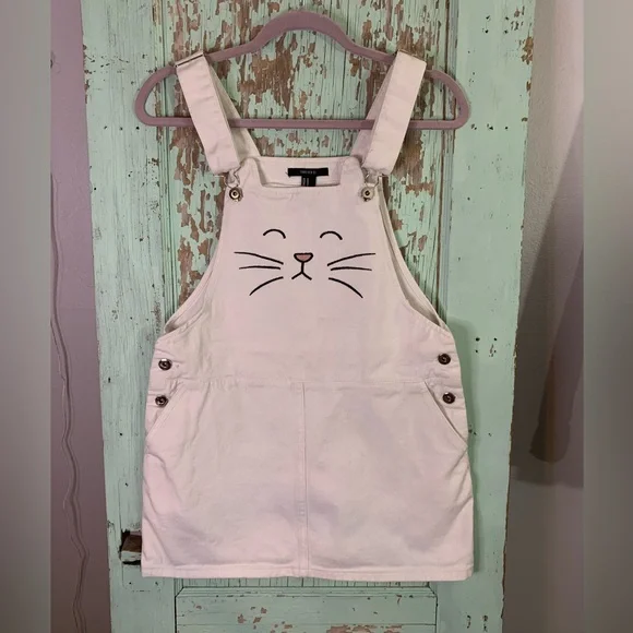 Forever 21 | Dresses | Womens Forever2 White Denim Overall Mini Dress With  Cat Detail | Poshmark